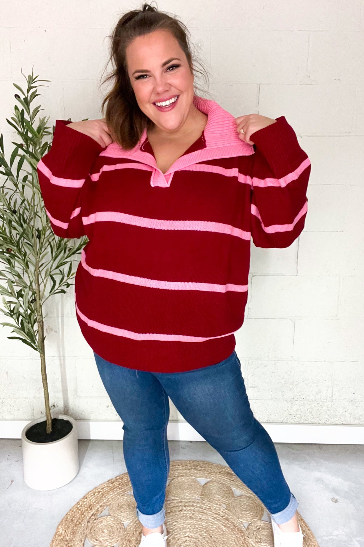 Maxct &Fall For You Crimson Stripe Notched Neck Collared Oversized Sweater