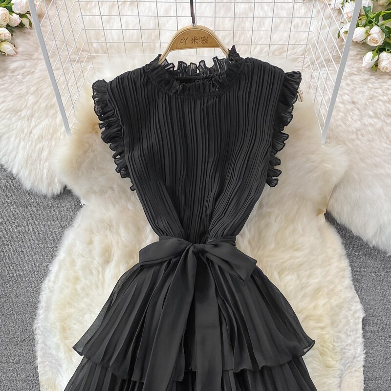 Women's Purple/Pink/Green Draped Dress Vintage Ruffle Stand Collar Sleeveless High Waist Party Pleated Vestidos Female New