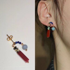 「Chinoiserie」Natural Jade Asymmetric Red Earrings