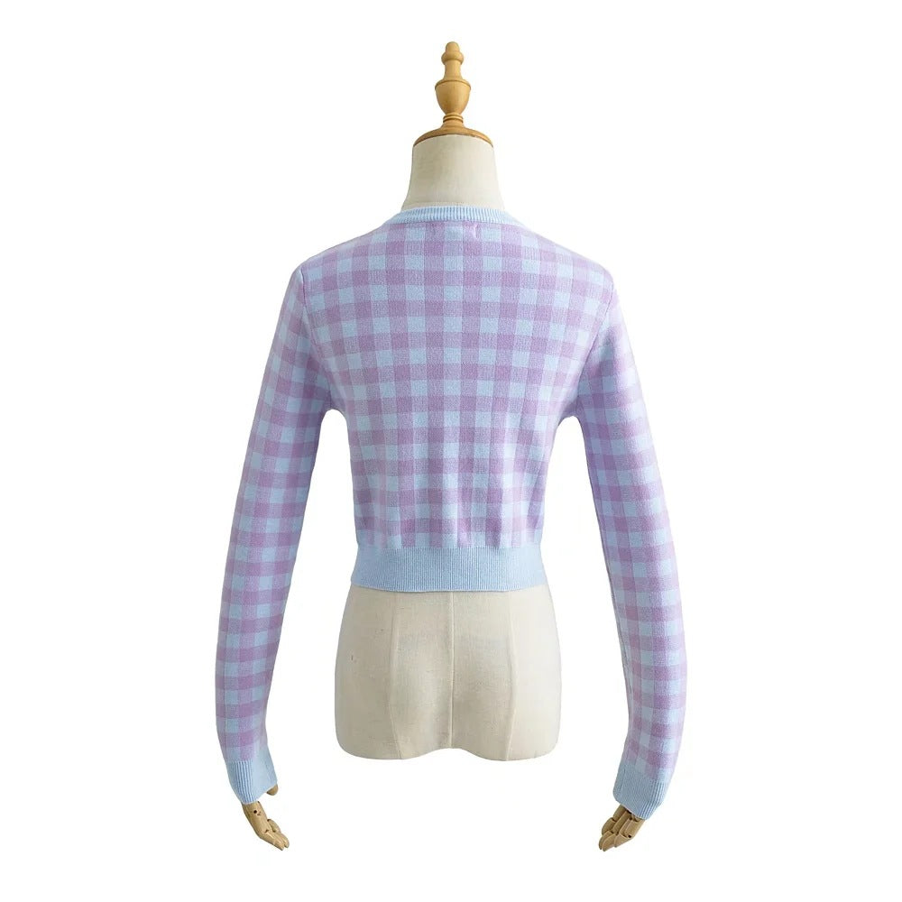 Maxct Checkered Button Front Knit Crop Cardigan