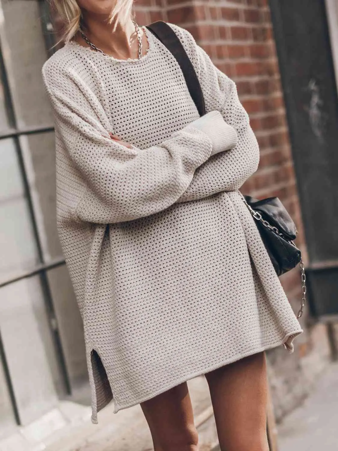Maxct &Openwork Round Neck Long Sleeve Slit Sweater