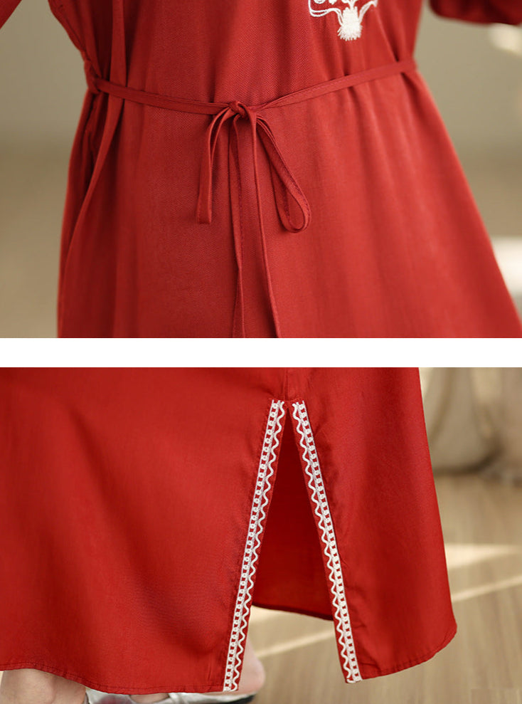 Maxct Women Spring Vintage Ethnic Embroidered Linen Maxi Dress