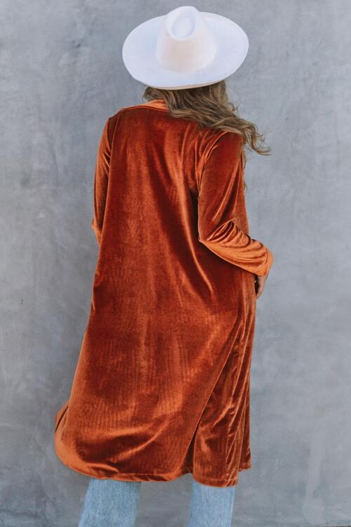 Maxct &Collared Neck Longline Velvet Cardigan with Pockets