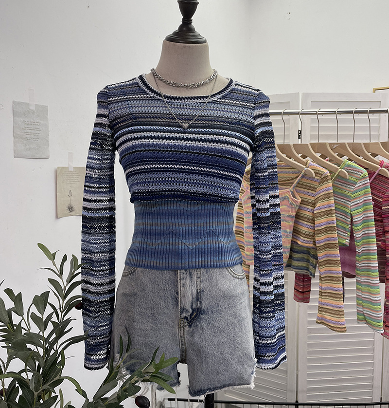 Maxct outfit inspo fall American Hot Girl Contrast Color Striped Stitching Short Navel Blouse + Slim Camisole Two-Piece Set 8869