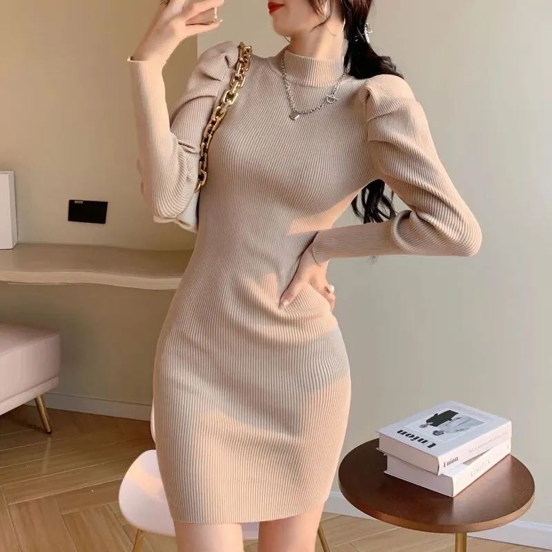 Maxct Women Knitting Full Puff Sleeve Base Sweaters Dresses Girls Slim Turtleneck Mini Sheath Knitwear Dress Real Photos