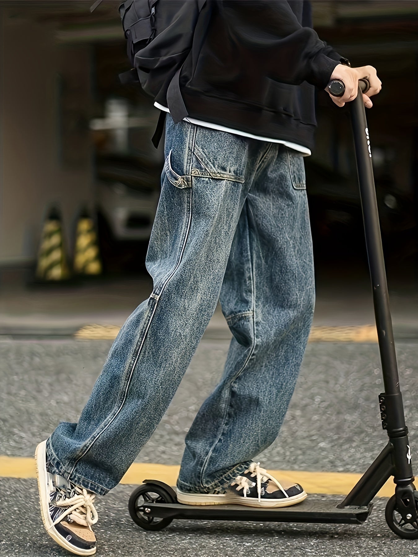 Maxct  Wide Leg Cotton Jeans, Men's Casual Street Style Patchwork Denim Pants For Spring Summer
