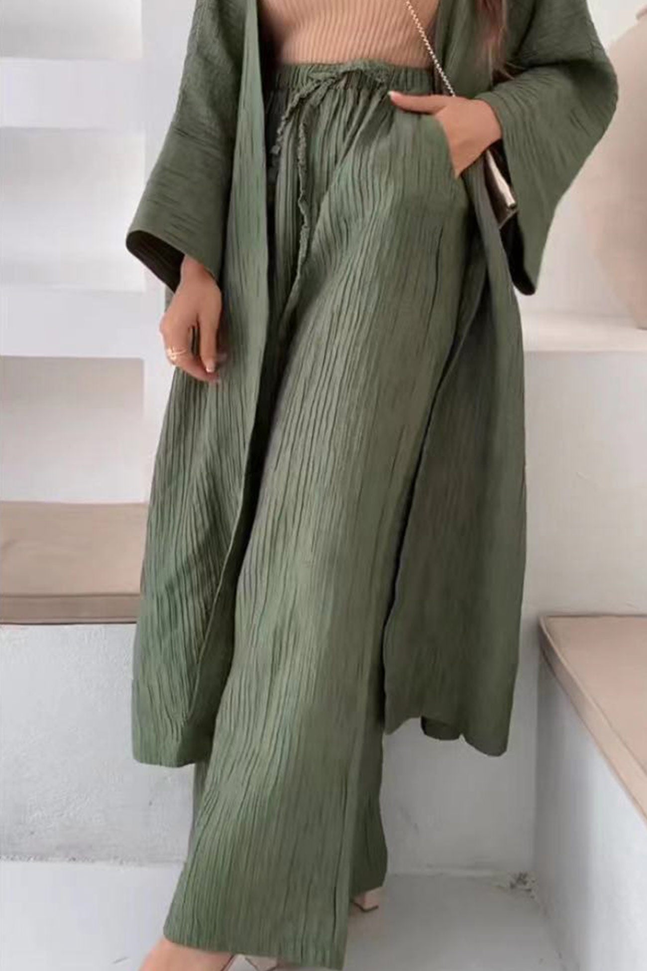 OLCooL Wrinkled Texture Open Front Cardigan Suits