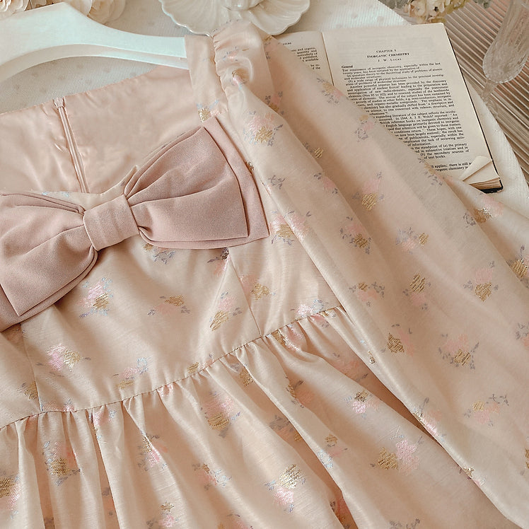 Puff Sleeve Bow Floral Jacquard Dress Maxct