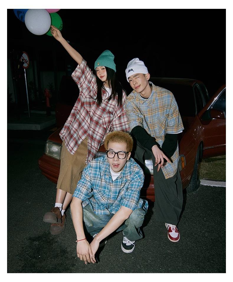 Maxct 90s Streetwear Japanese Niche Plaid Short-sleeved Shirt Men's Summer New Loose Trendy Brand All-match Shirt Couple's Coat Top