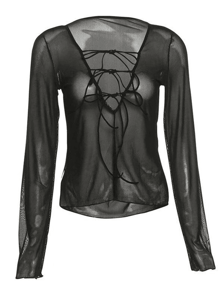 Maxct Sheer Mesh Lace Up Blouse