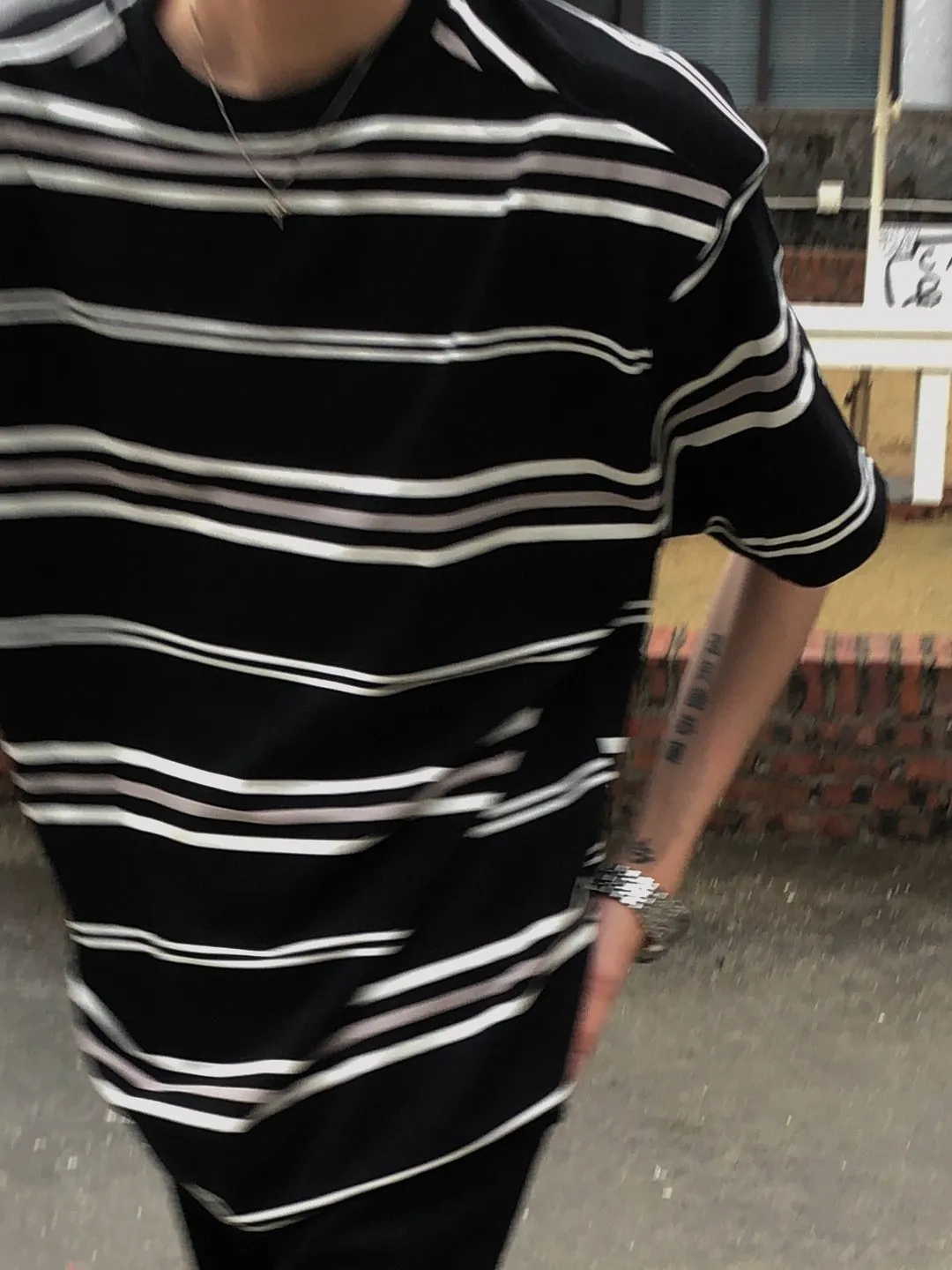 Maxct 90s Streetwear American Style Retro Black And White Striped Short-sleeved T-shirt Men's Trendy Brand Pure Cotton Lazy Style Oversize Summer New Half-sleeved T-shirt