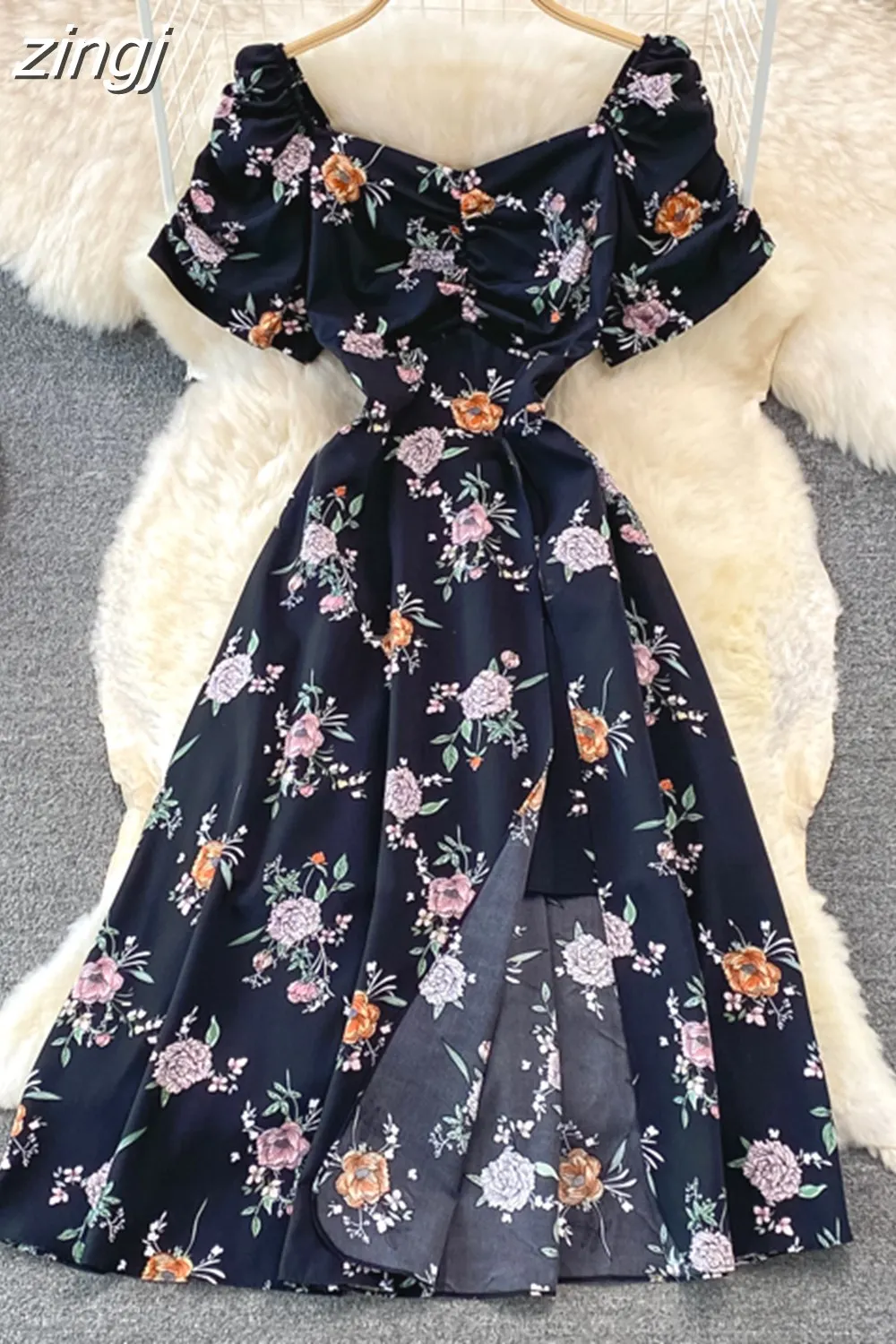 Maxct Vintage Women Printed Dresss Sexy Square Collar Short Puff Sleeve High Waist A-Line Vacation Beach Vestidos Female New