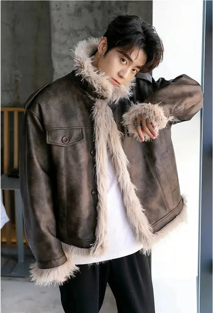 Maxct Unisex Velvet Faux Fur Leather Jacket