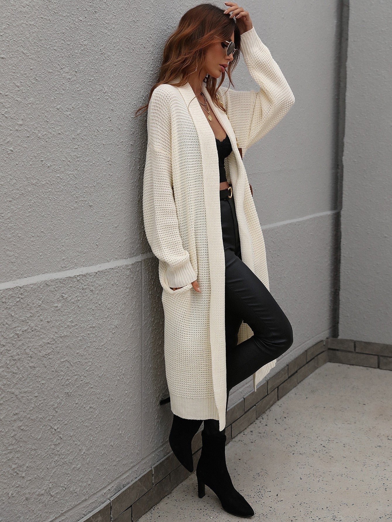 Maxct &Double Take Waffle Knit Open Front Duster Cardigan With Pockets