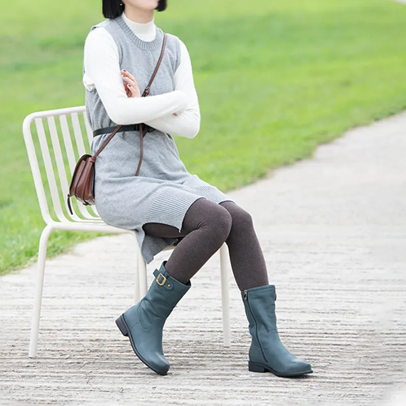 Womens Retro Mid Calf Boots with Short Plush Lining for Cold Winter Black/Blue Maxct