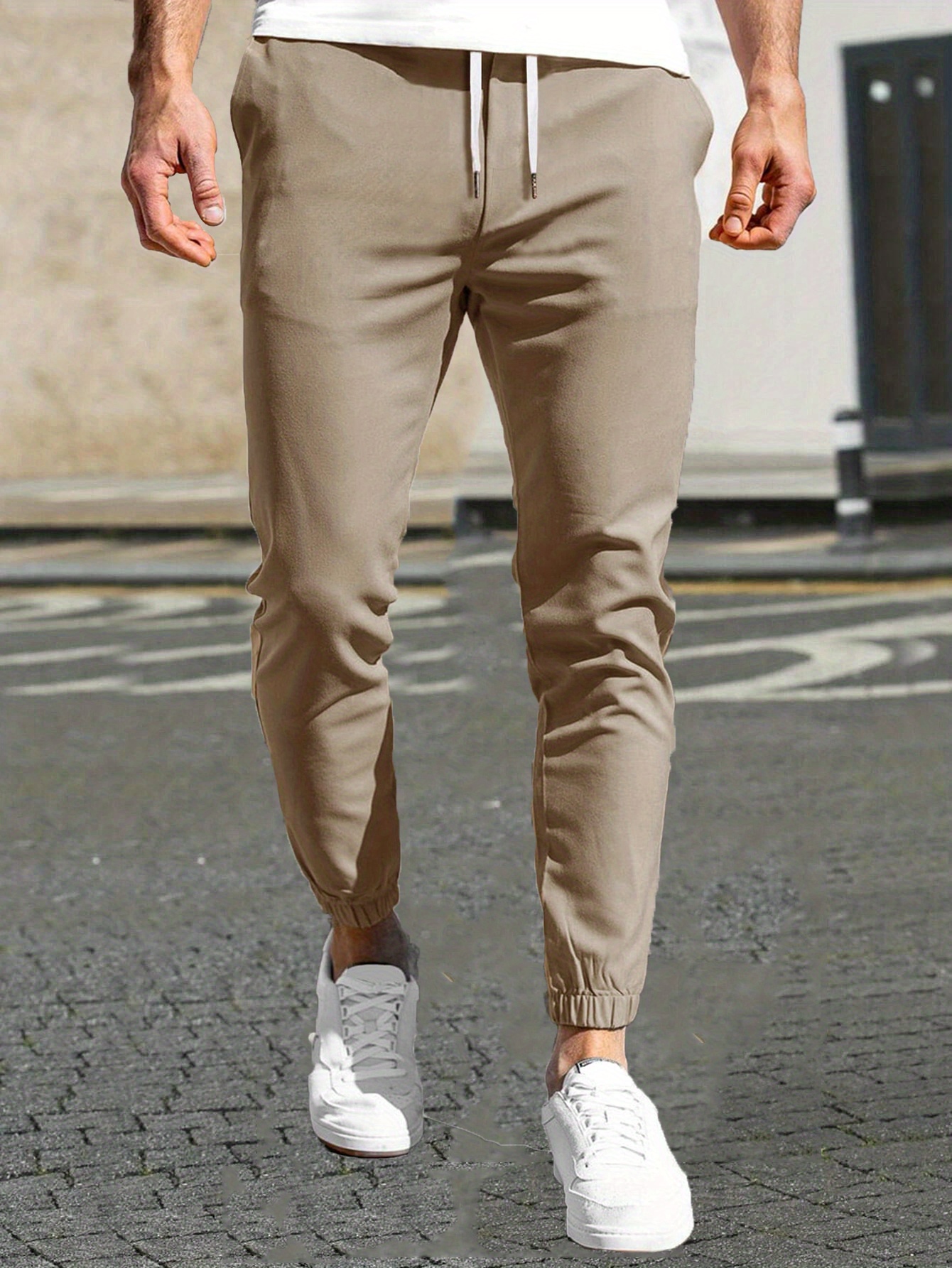 Slim Pockets Classic Trousers, Men's Casual Solid Color Lace-up Pants For Spring And Autumn