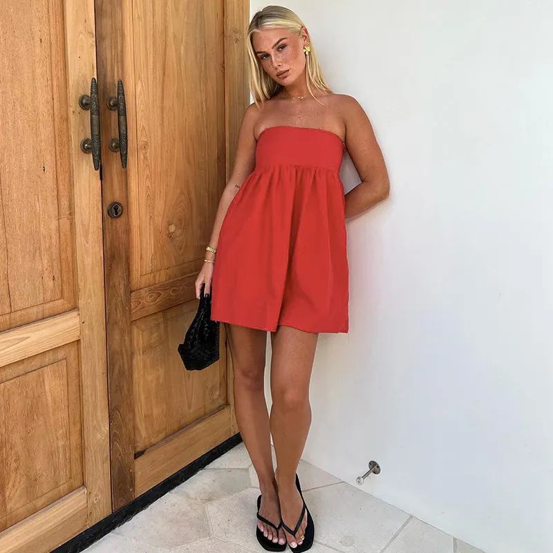 Elegant Solid Strapless Dress Women's Sleeveless Beach Vacation Short Dress Splice Off Shoulder Loose High Waist Clothing