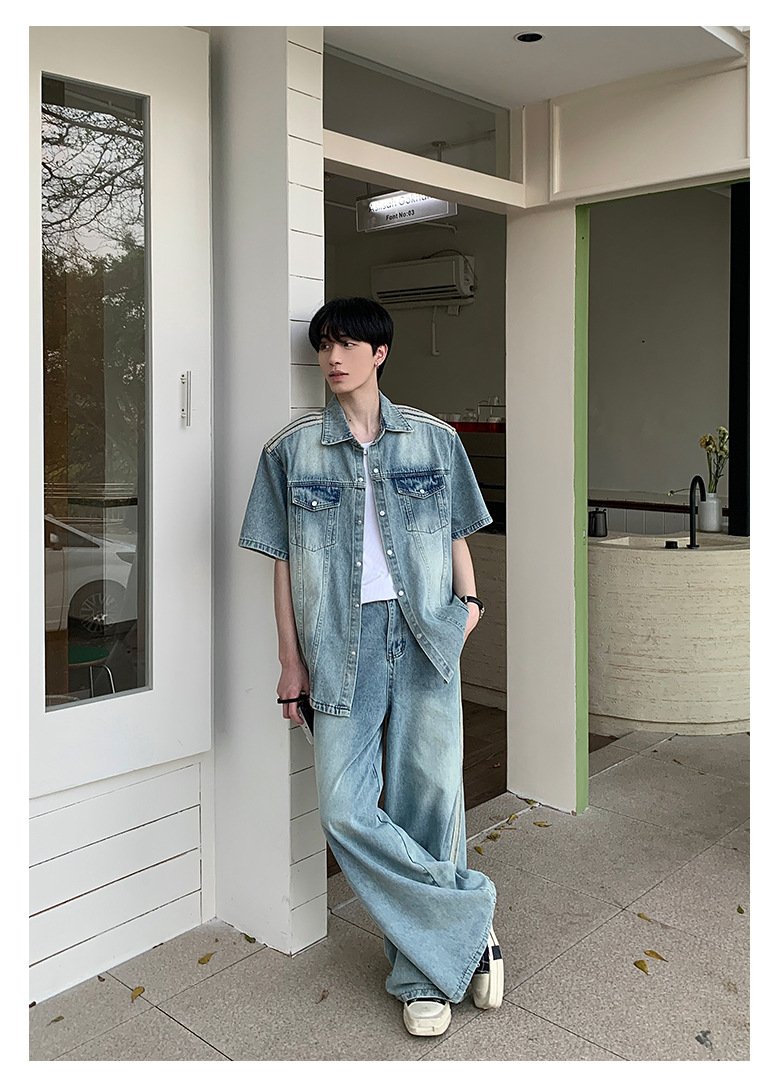 Maxct 90s Streetwear Niche Vintage Washed Padded Shoulder Short Sleeve Denim Shirt Spring And Summer New Korean Style Design Sense Shirt Coat Top - Image 14