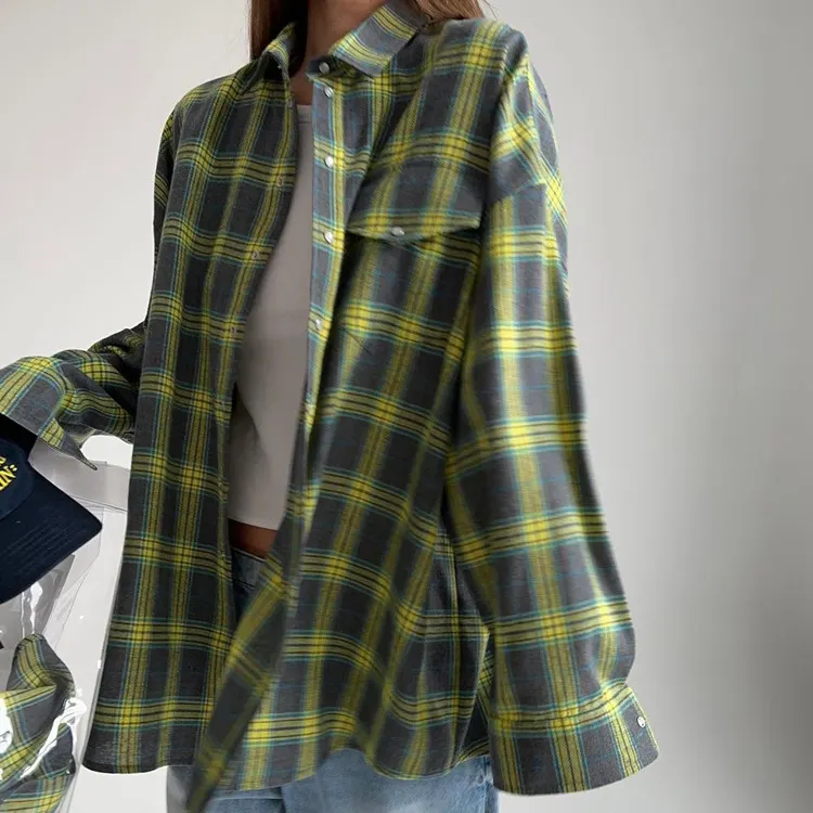 Retro Lapels Lattice Loose Shirt For Women Single-Breasted Long Sleeves Stripe Summer New Casual Versatile Pocket Shirt