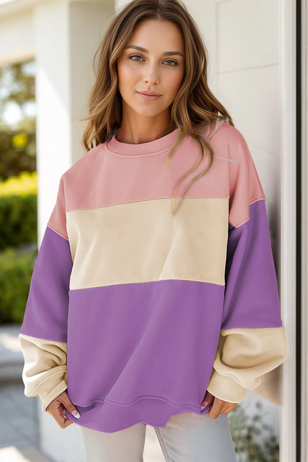 Maxct &Color Block Round Neck Long Sleeve Sweatshirt