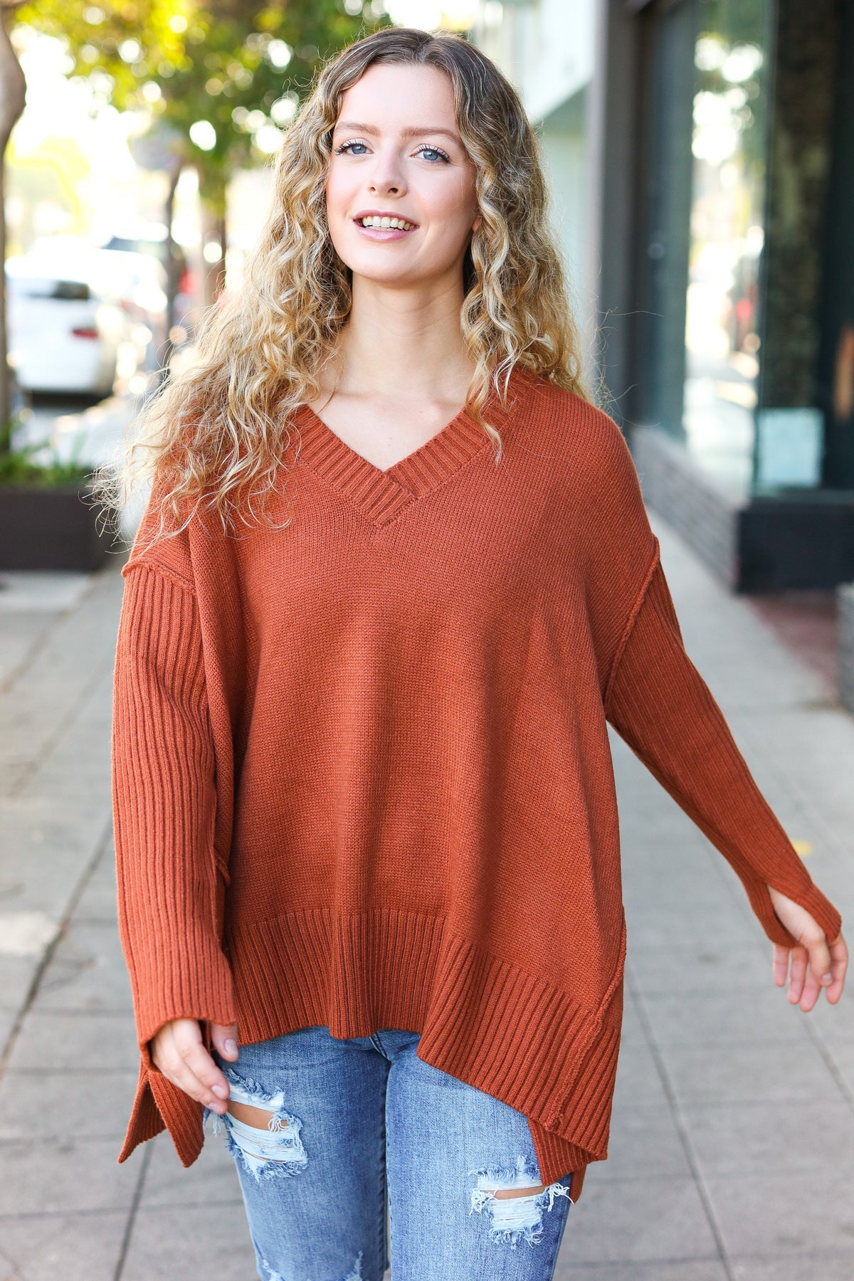 Maxct &Casual Chic Rust Oversized V Neck Rib Knit Sweater