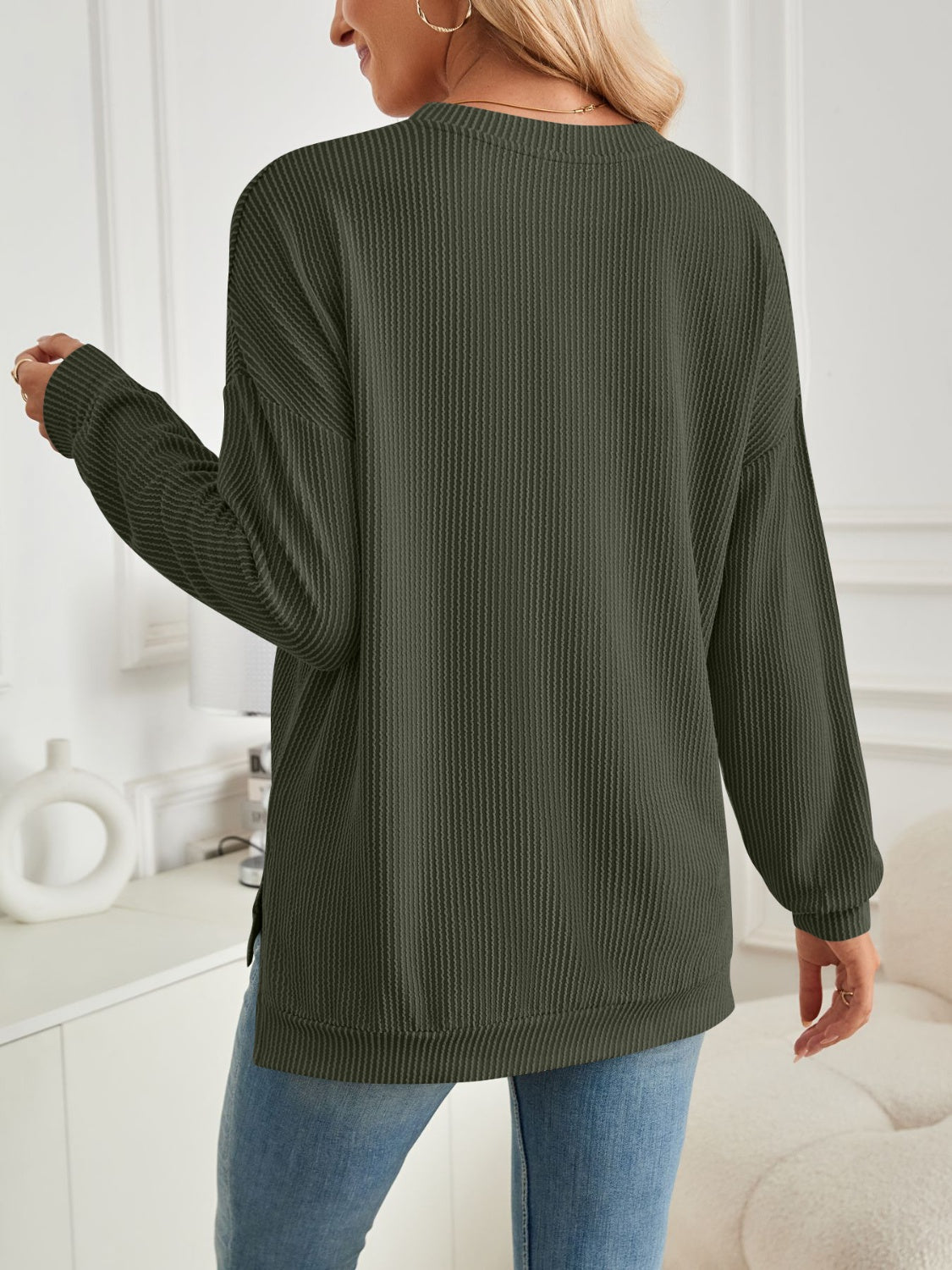 Maxct &Slit Round Neck Long Sleeve Sweatshirt