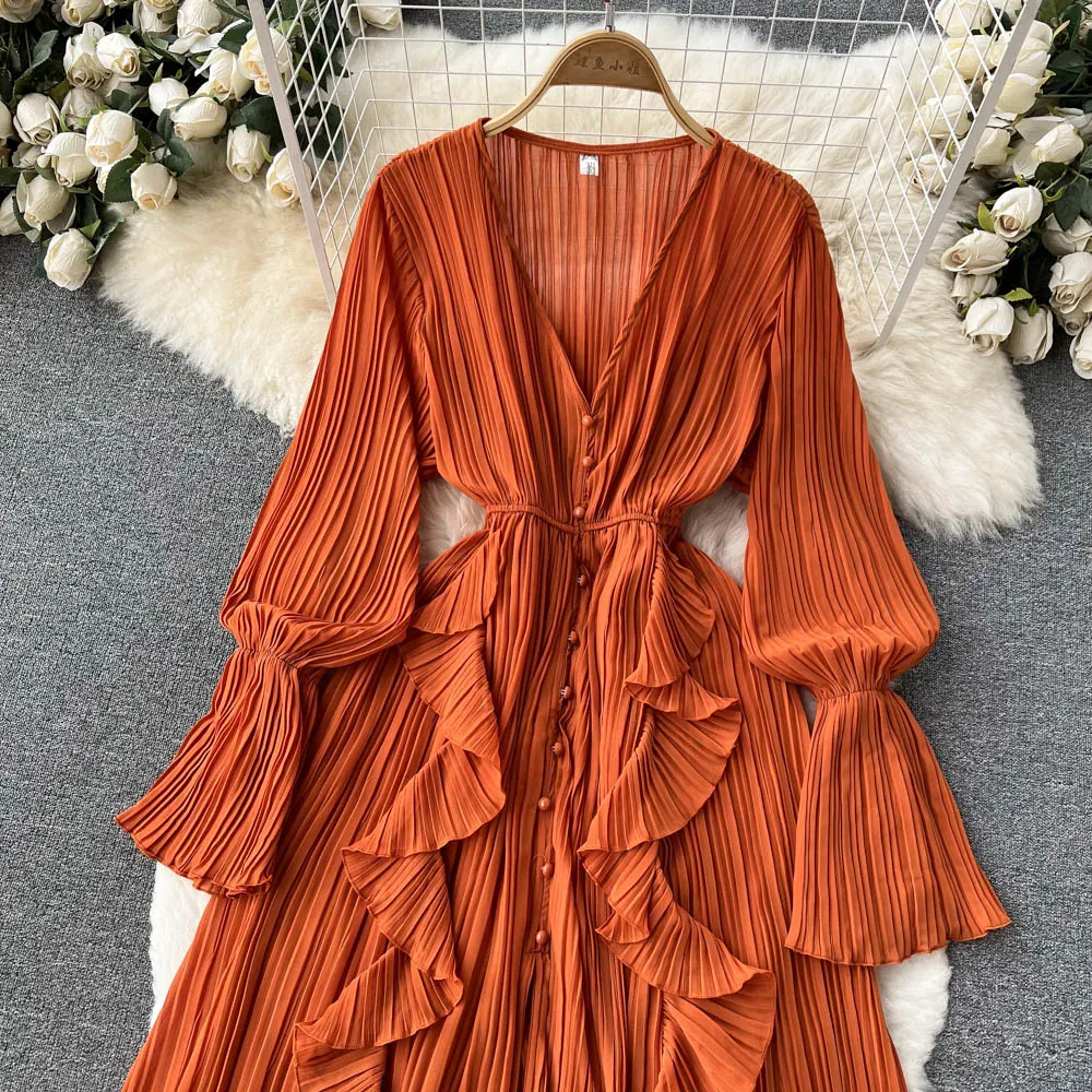 Chiffon Pleated Long Dress Women Vintage V-Neck Flare Sleeve Draped Ruffle Vestido Female Maxi Robe Spring Fall 1215-1