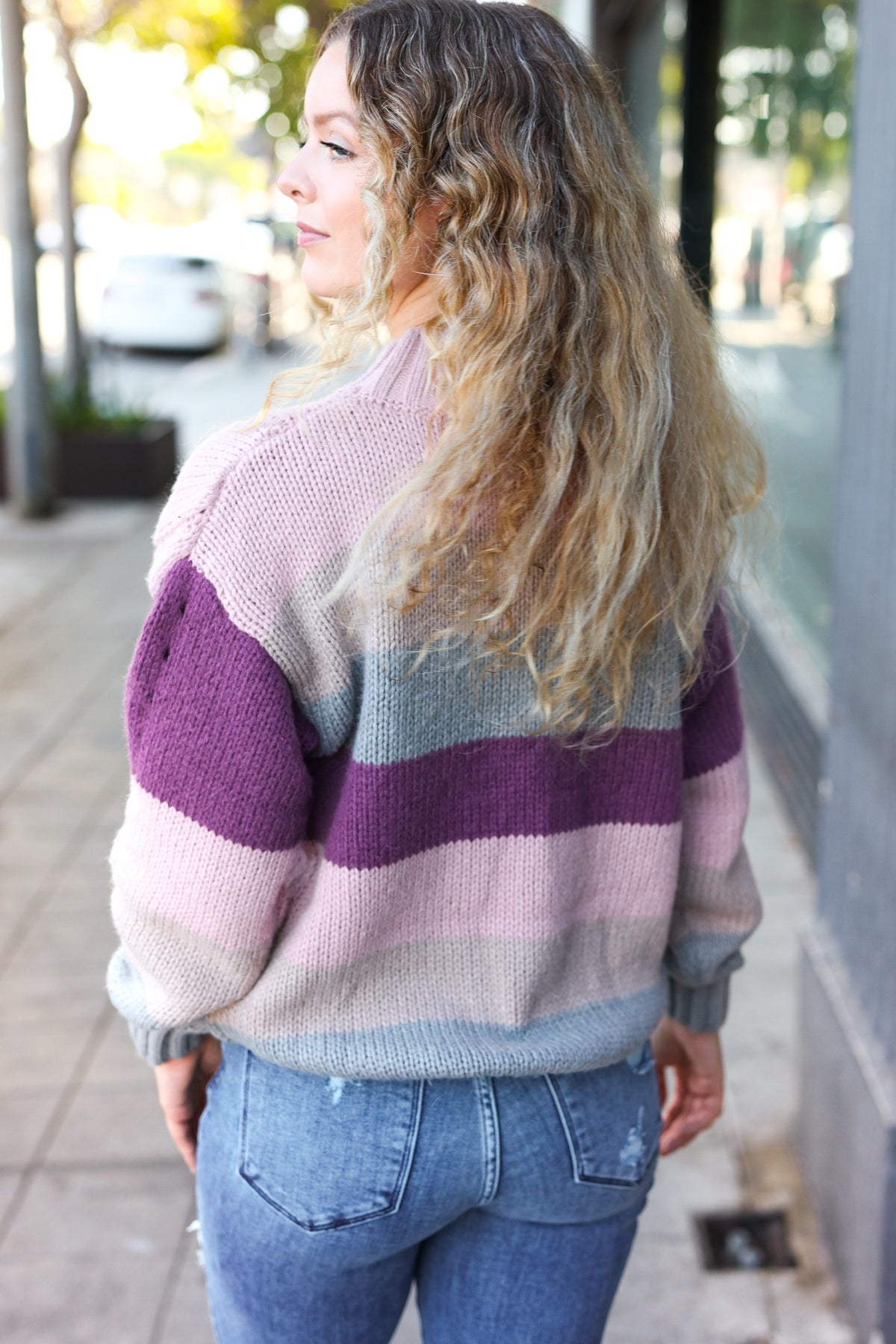 Maxct &Fall For You Mauve Multicolor Stripe Cable Knit Mock Neck Sweater