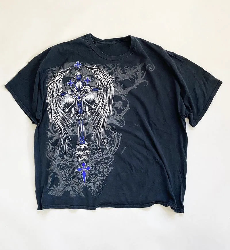 Maxct Harajuku Summer Casual Retro Hip Hop Grunge Skulls Cross Graphic T Shirt for Men Vintage Fashion Streetwear Short Sleeve Top