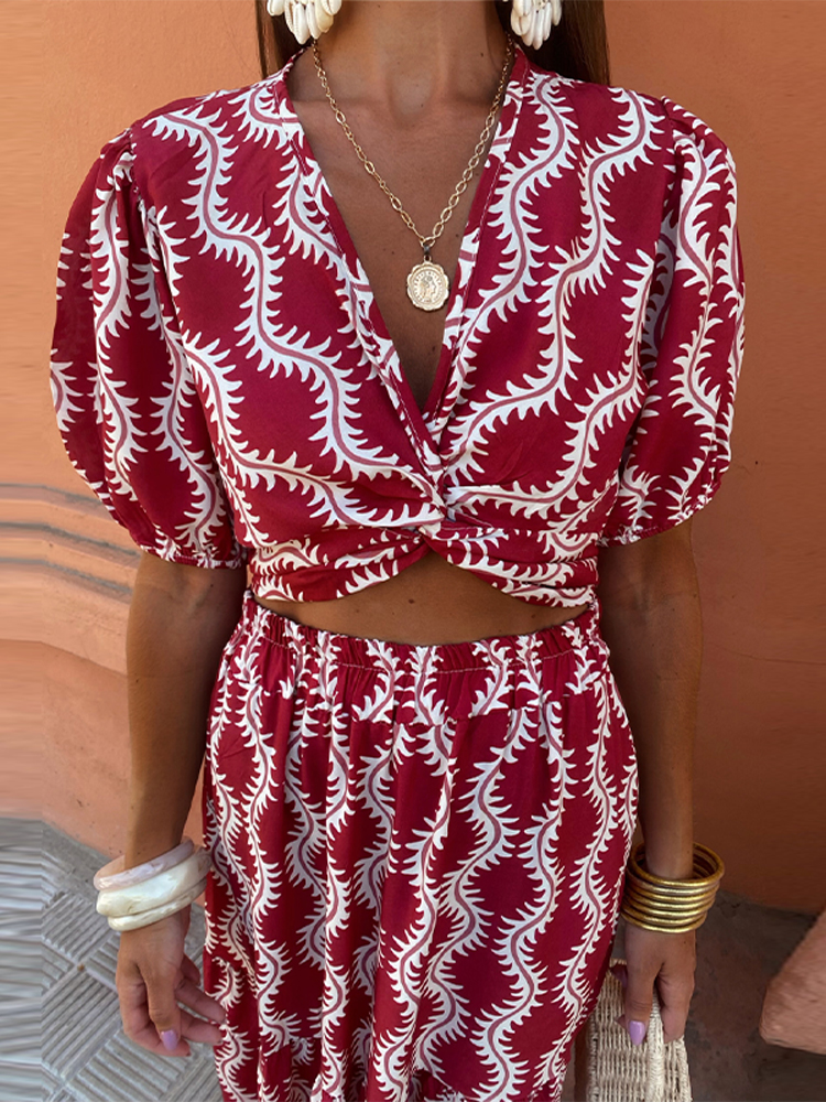 Women's Red Print Cutout Ruffle-Hem Maxi Dress