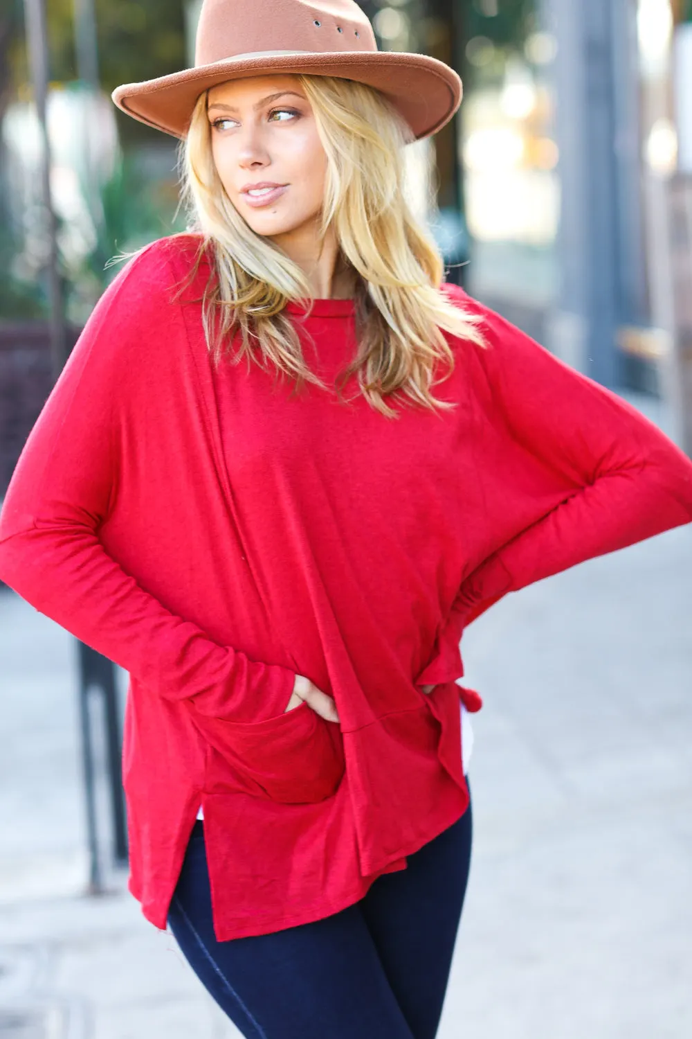 Maxct &Going My Way Red Hacci Dolman Pocketed Sweater Top