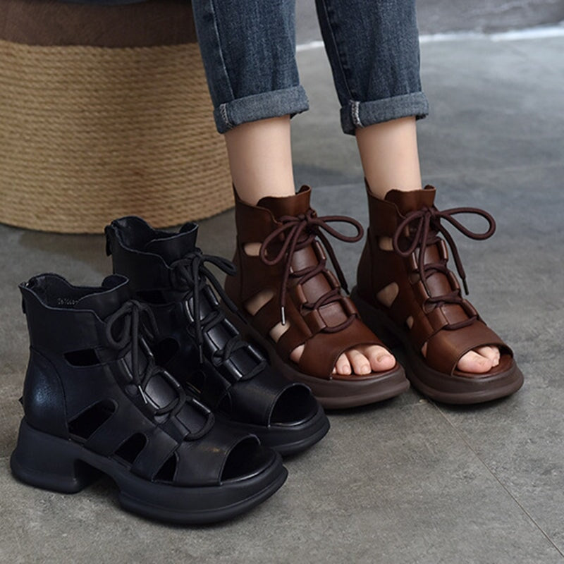 Genuine Platform Sandals Lace Up Retro Peep Toe Gladiator Sandals Maxct