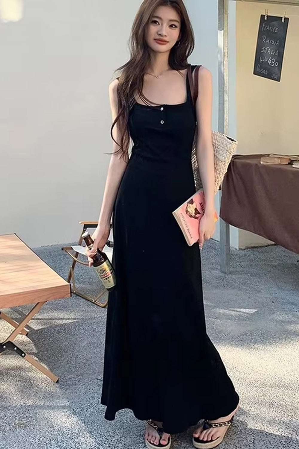 Square Collar Buttons Sleeveless Off Shoulder Long Dress Maxct