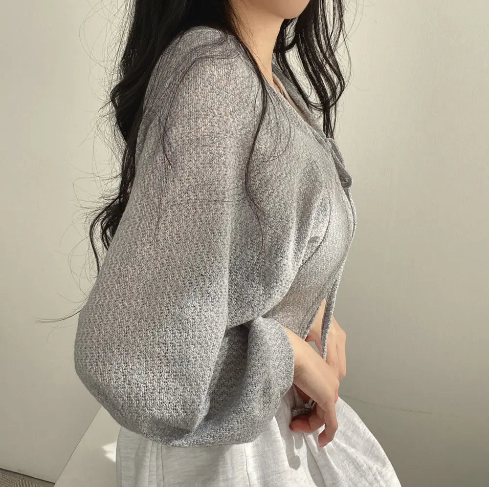 Maxct Thin White Cardigan Bandage Lantern Sleeve Short Coat Pull Femme Knitwear Top Girl Cardigan Korean Style Casual T Shirt