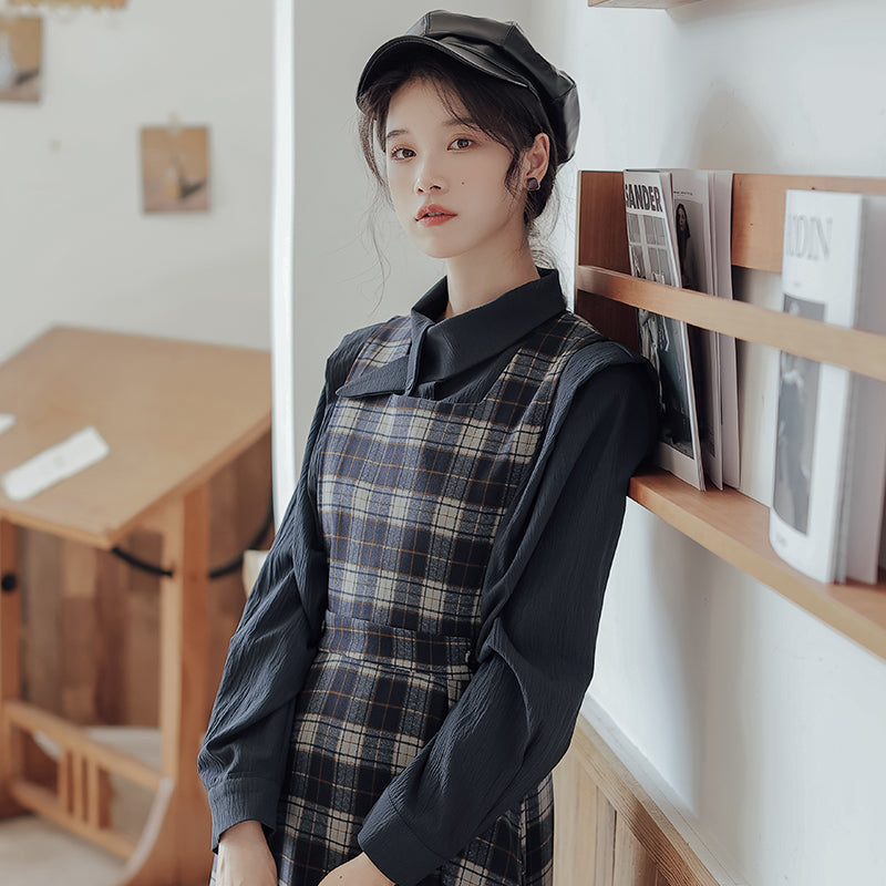 Crepe Plaid Pinafore Dress Set Maxct