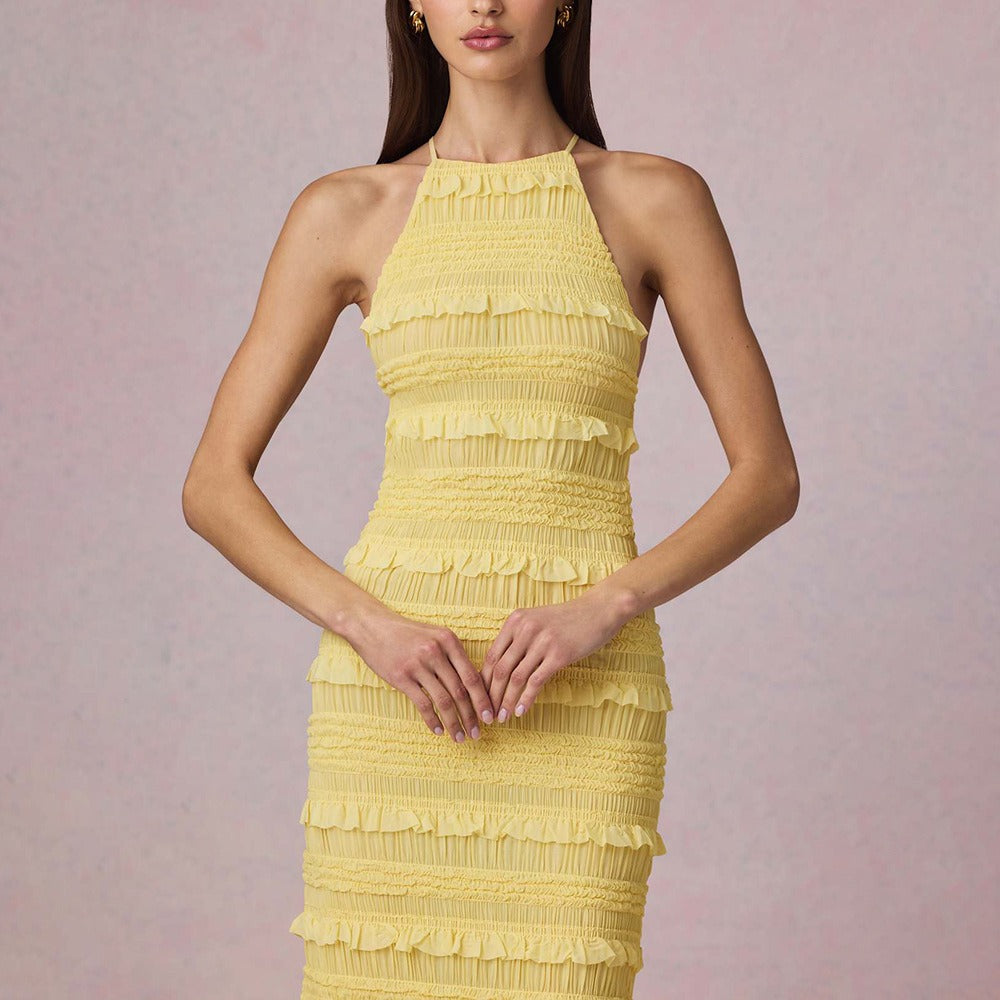 Ruffle Lace Backless Halter Neck Dress Maxct