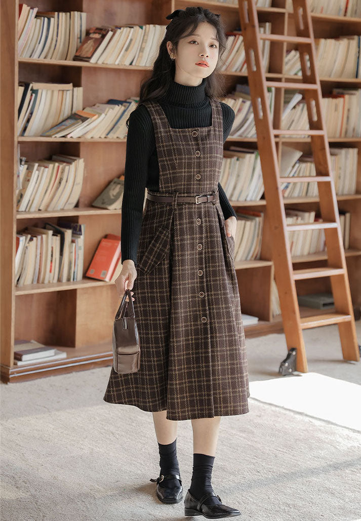 Button Up Plaid Pinafore Dress Maxct