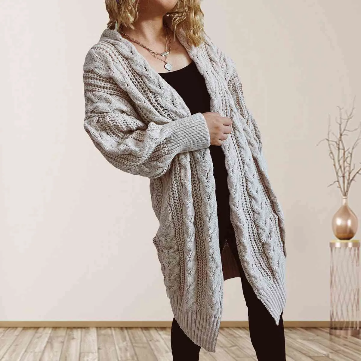 Maxct &Cable-Knit Open Front Dropped Shoulder Cardigan
