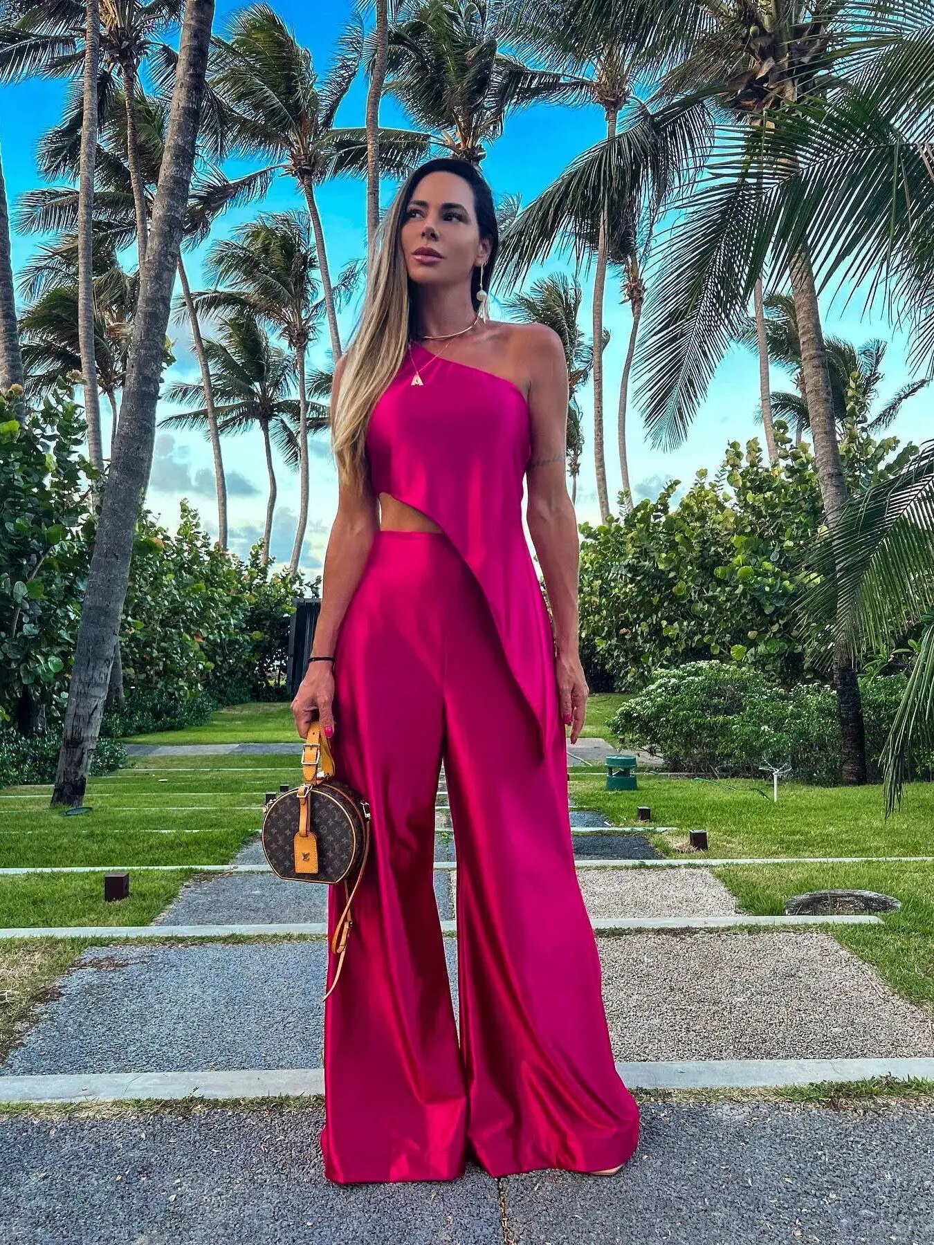 Maxct Solid Female Pant Two piece Set Skew Collar Sleeveless Top High Waist Wide Leg Pants Suit Elegant Evening Party Women Set