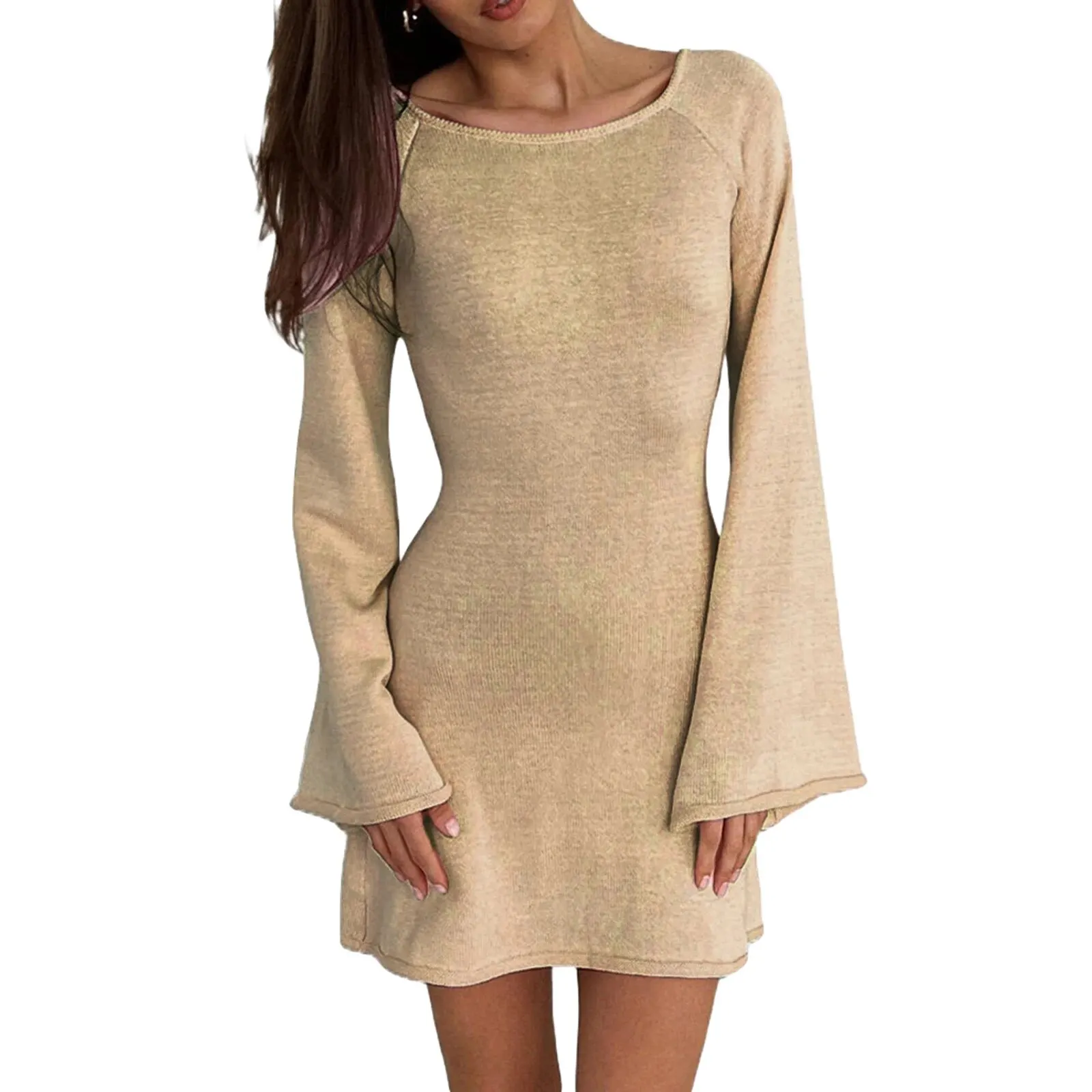 Maxct Women Knitted Dress Casual Solid Color Backless Long Sleeve Mini Party Dress for Beach Cocktail Club Streetwear