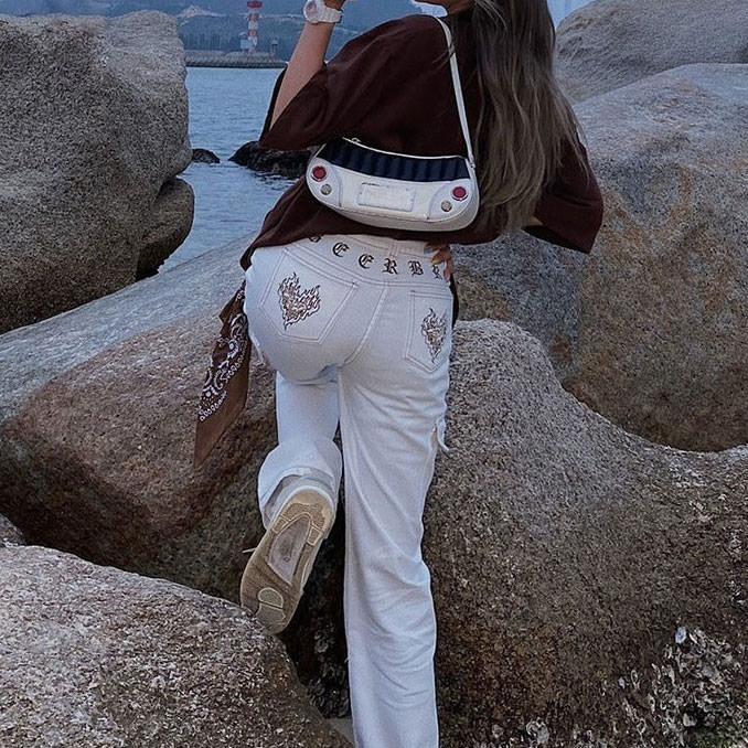 Heart Embroidery Cargo Jeans Maxct