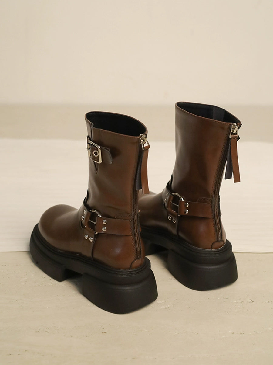 Western Buckle Straps Chunky Heeled Side Zip Boots Maxct