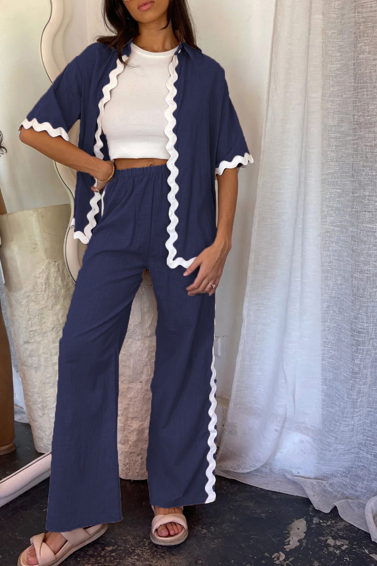 Maxct Wavy Stitching Blouse Long Pants Set
