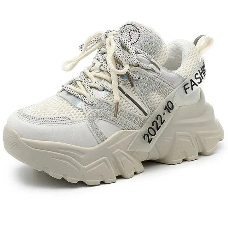6cm Air Mesh Leather Bling Chunky Sneakers Maxct