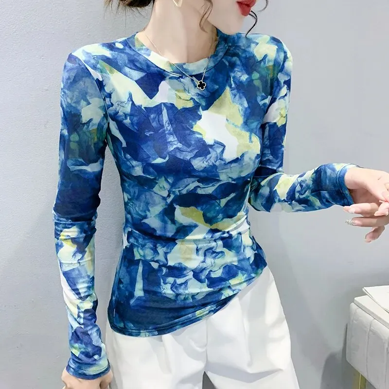 Maxct S-3XL Autumn Spring Full Sleeve O-Neck T-shirt Girls Solid Stretchy Printed Mesh TShirts Tops Women Tees