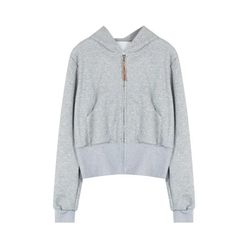 Maxct Grey Cropped Hoodies Zip Up Long Sleeve Sweatshirt Cardigan Oversized Autumn Fashion Wide Leg Track Pants Two Piece Sets