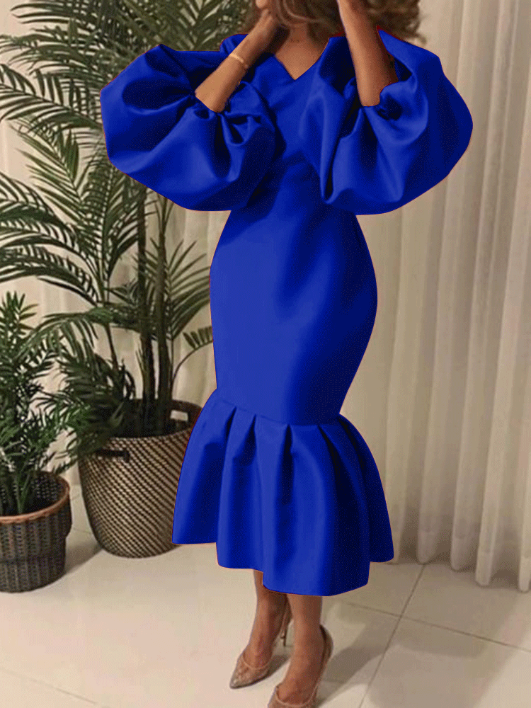 Lantern Sleeve Midi Fishtail Dress Maxct