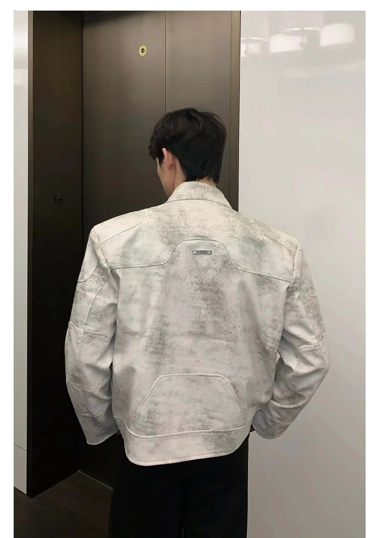 Maxct Stand Collar Leather Jacket with Shoulder Pads