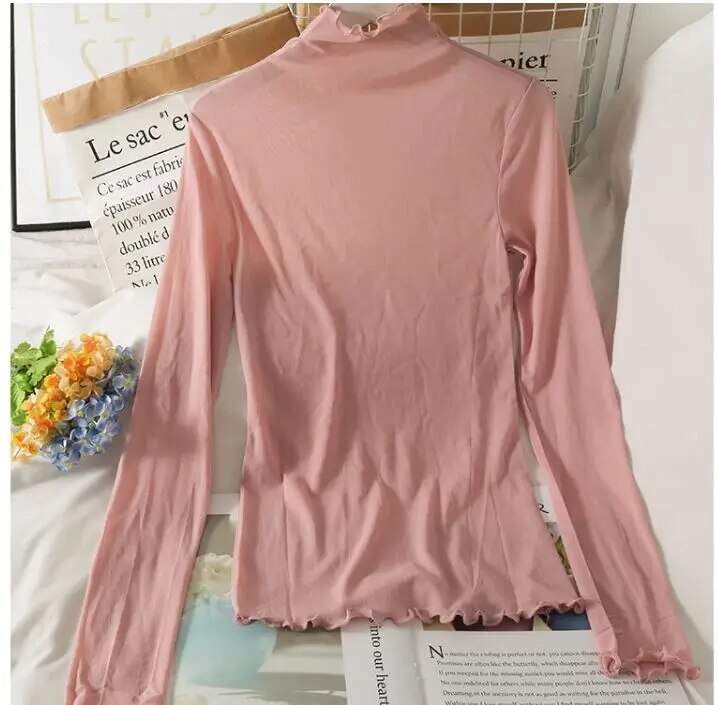 Maxct T Shirts Women Transparent Tops Long Sleeve Slim Turtleneck Stretchy T-Shirt Autumn Tees