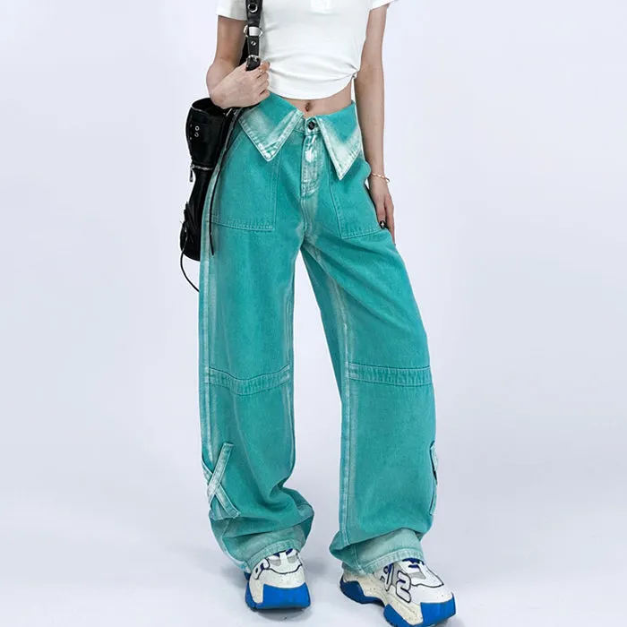 90's Kids Collar Wide Leg Jeans Maxct